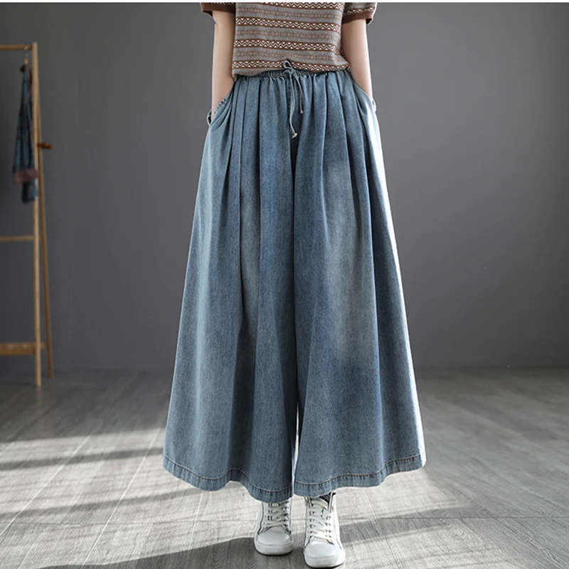 NINI WONDERLAND 2023 Autumn Cotton Denim Casual Pants Vintage Women Spring Elastic Waist Loose Jeans Korean Style Trousers Blue