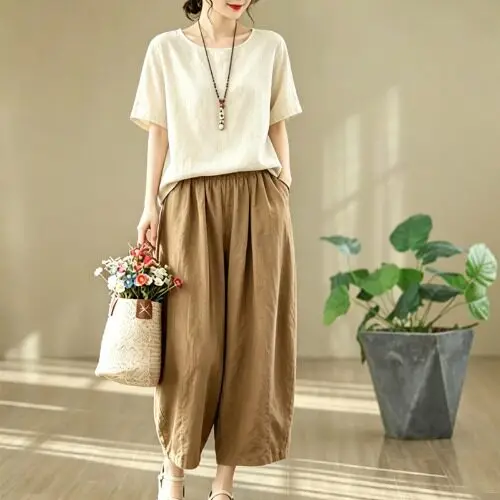  Summer Cotton Linen Set Slimming round Neck Top Wide Leg Pants Two Piece Set Comfortable Breathable Commute Style