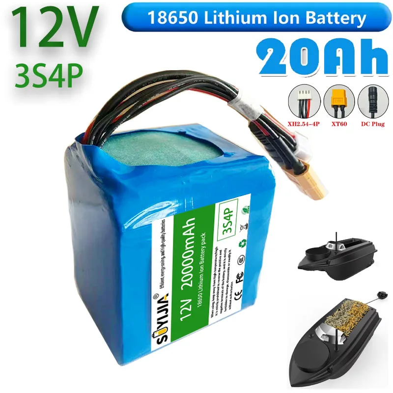 18650 3S4P Lithium Ion Battery 12V 20000mAh with BMS High Power Remote Control Fishing Bait Boat Battery for V030 GPS Bait Boat