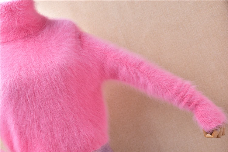 Ladies Women Autumn Winter Clothing Pink Hairy Angora Rabbit Hair Knitted Crop Top Short Style Slim Blouses Pullover Sweater Top