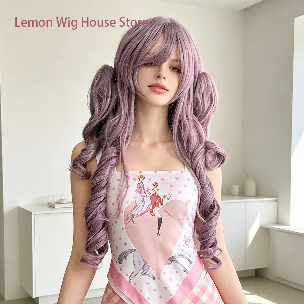 Double Ponytail Purple Wig with Bangs Lolita Curly Hair Synthetic Anime Wigs for Woman Daily Cosplay Halloween Costume Wig 가발
