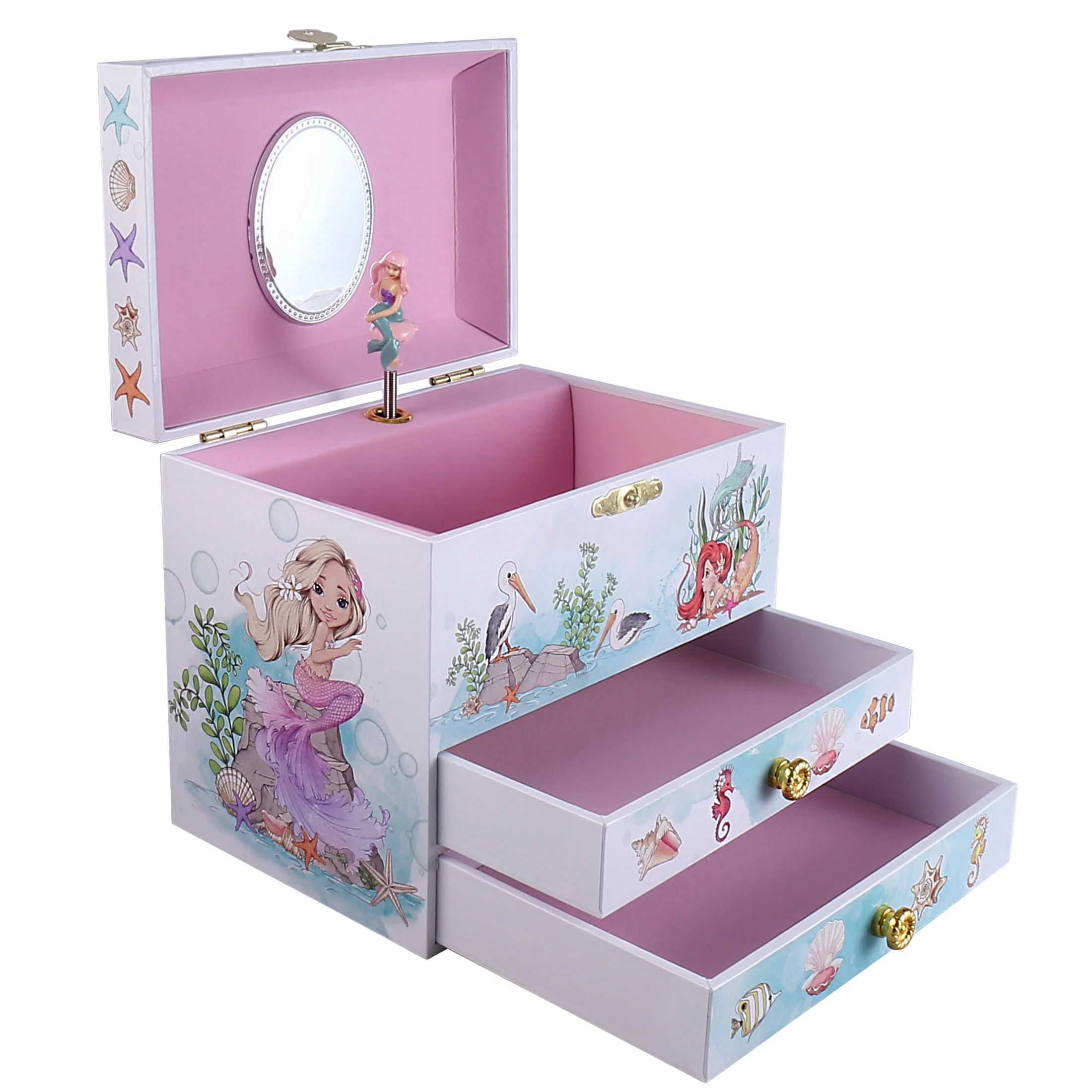 Rotating Hand Crank Wooden Music Box Built-in Jewelry Storage Drawer-Modern MDF Construction Cute Keepsake Gift For Little Girls
