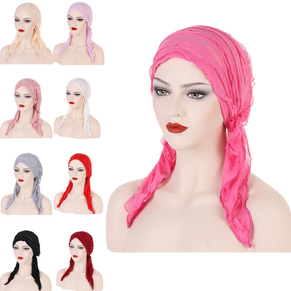 

Women Muslim Inner Hijab Turban Pre-Tied Cap Solid Long Tail Ruffle Headscarf Wrap Beanies Bonnet Head Scarf Stretch Headwear