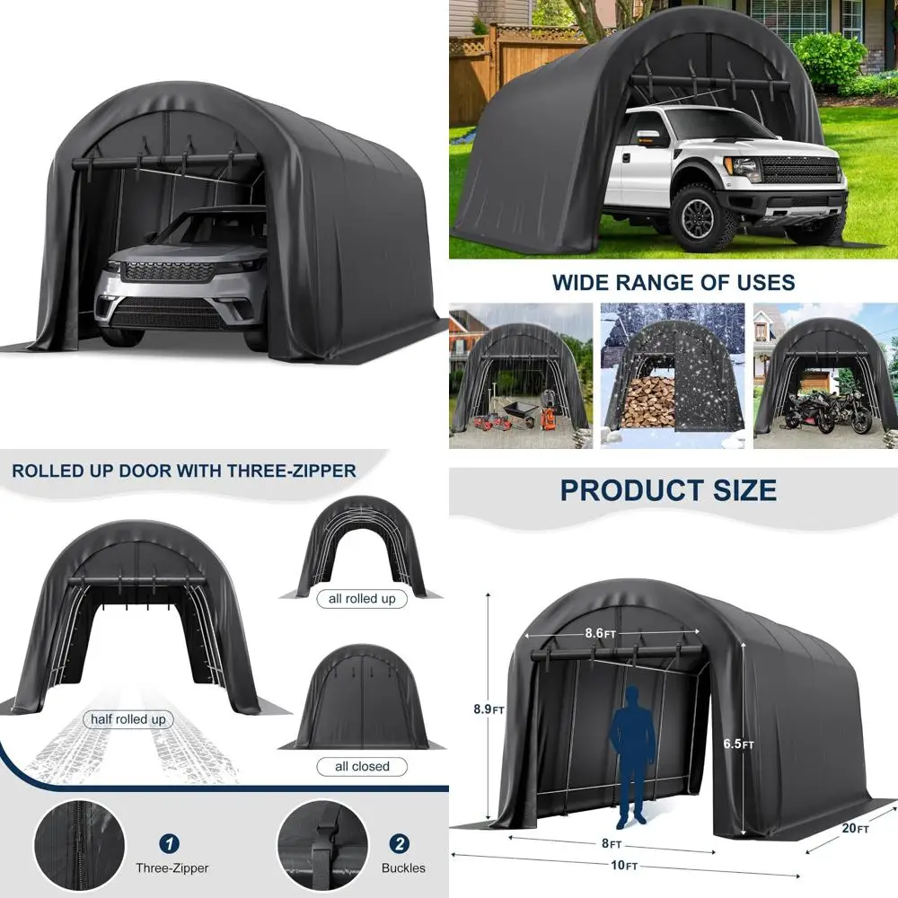 

Портативное сверхмощное гаражное укрытие для хранения вещей на открытом воздухе 10x20 из плотной ткани и круглым стальным металлическим карпаном с двумя рулонными Doo