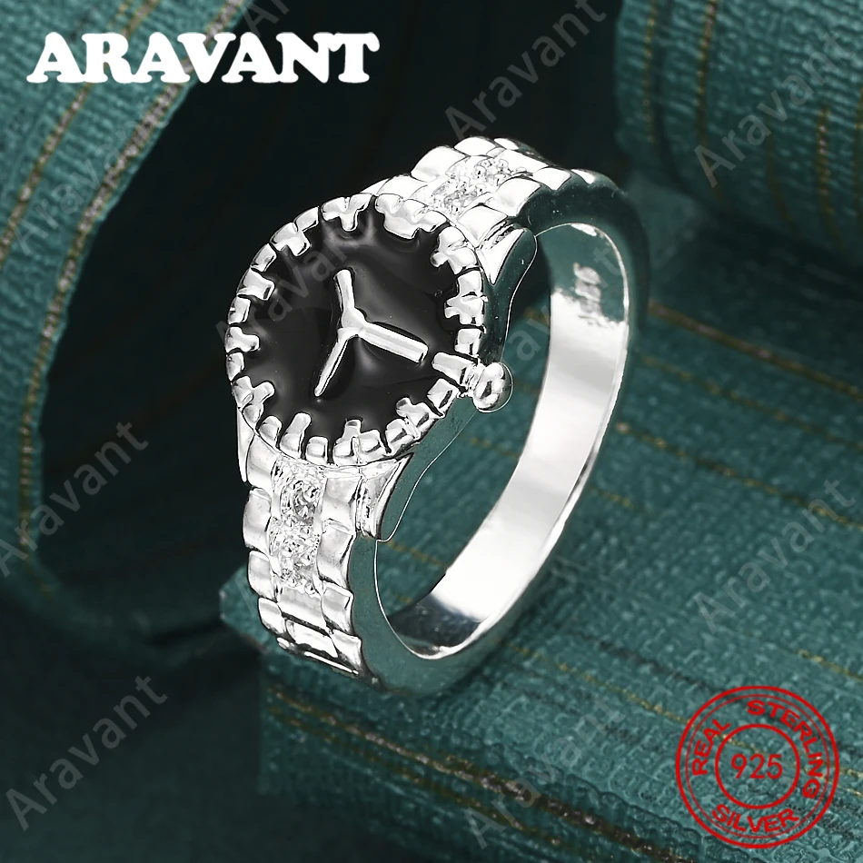 

Черные часы из стерлингового серебра 925 пробы с цирконами 7-10 # Кольцо - свежий и элегантный дизайн для женских обручальных украшений