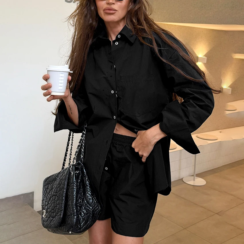 

Linad Summer Office Black Shorts Outfits And Turn Down Collar Shirts With Pockets Street Single-Breasted Mini Pants 2 Piece Set