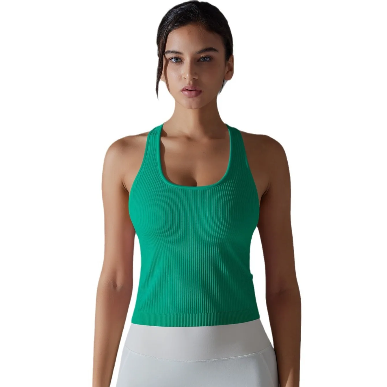 Women's Ribbed Solid Color High - Elastic Tight Longline Racerback Sports Tank Top for Yoga Running Fitness
