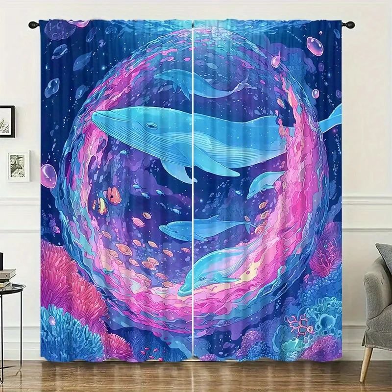 Marine animal whale printed curtains, installed with pocket rods, suitable for bedrooms, living rooms, balconies, for decoration