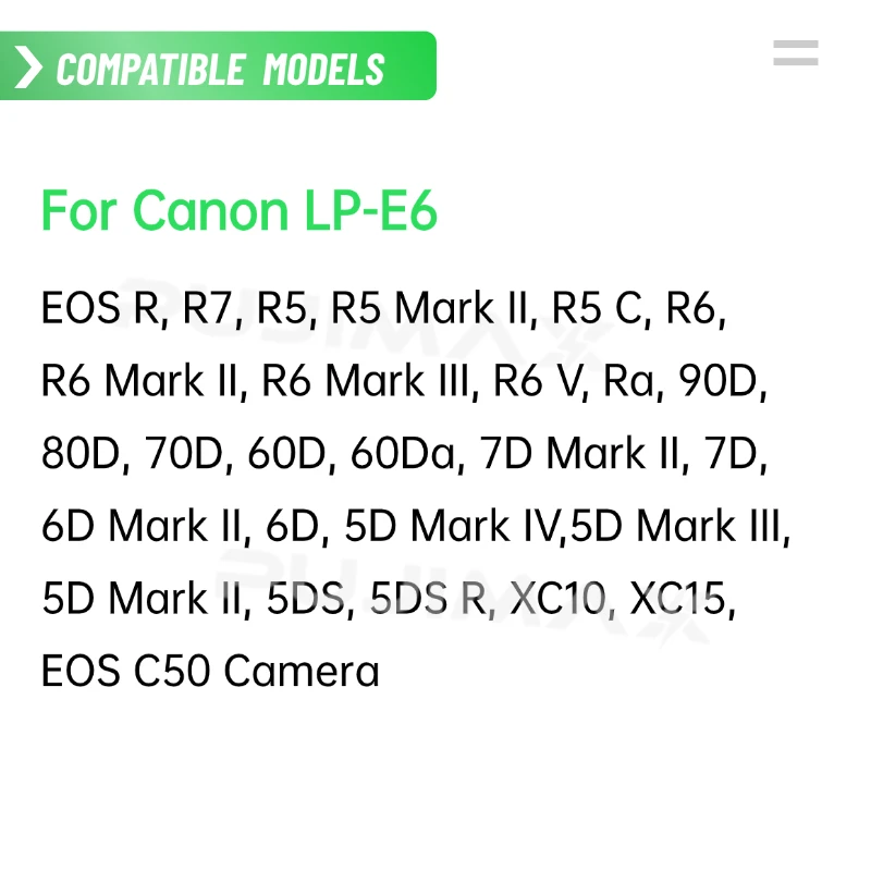 PUJIMAX 2600mAh 7.2V LP-E6 Type-C Rechargeable Battery For Canon R5 R6 5D Mark IV 6D Mark II 7D Mark II R7 90D 80D 70D 60D 5D3