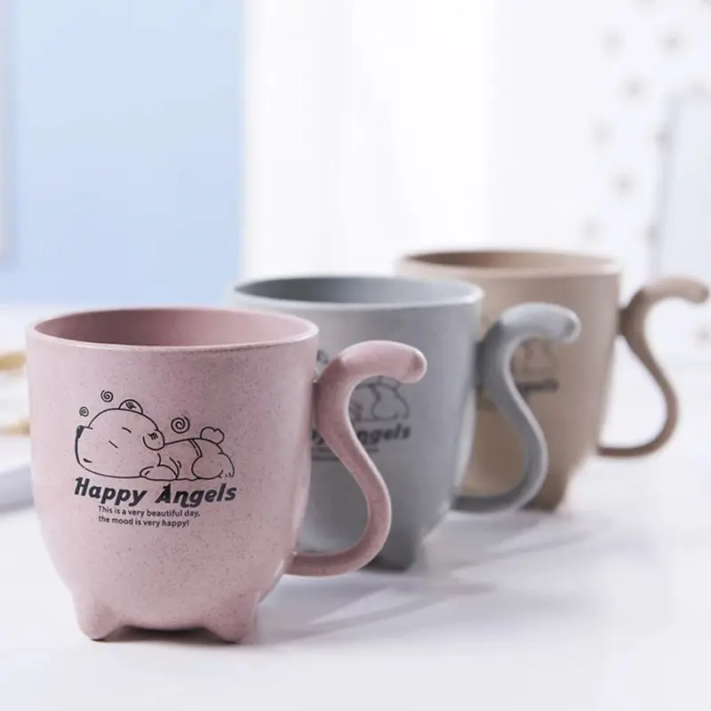 Cute Cartoon Wheat Straw Plastic Tumbler with Handle for Water, Coffee, Milk, Tea Unbreakable Reusable Drinking Cup