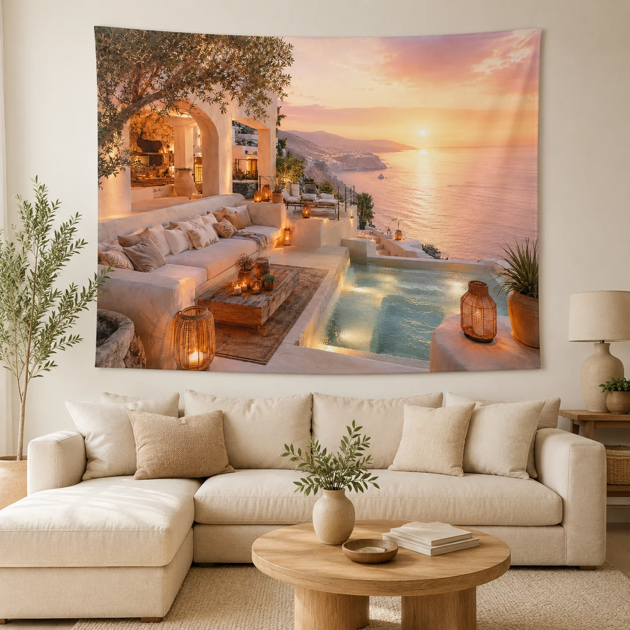 Mediterranean Santorini Sunset Tapestry, Cliffside Villa Ocean Pool Scenery Wall Hanging, Neutral Boho Room Home Decor