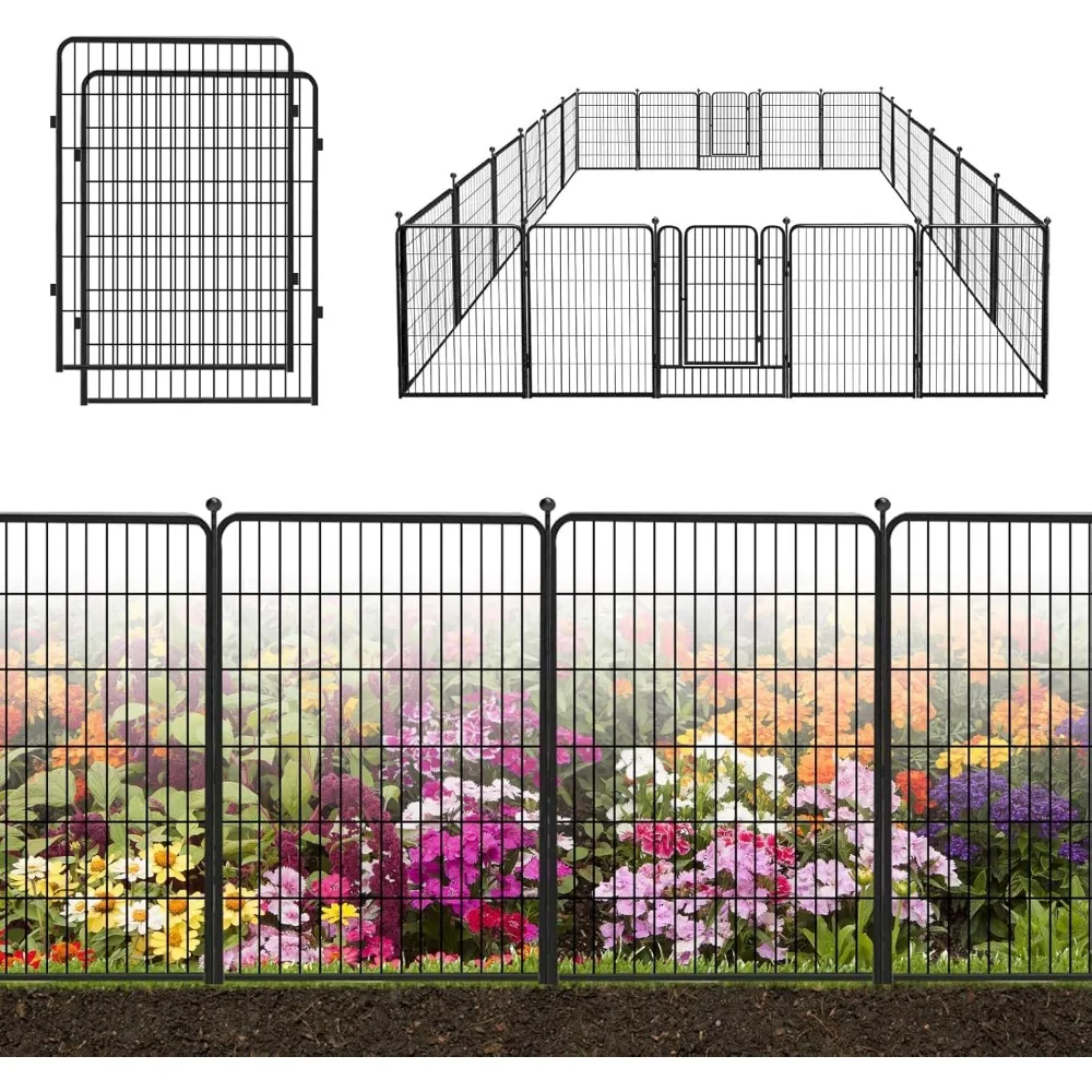 

Decorative Garden Metal Fence Black 50ft(L)×40in(H) 22 Panels Wire Rustproof Folding Animal Barrier Border Heavy Duty