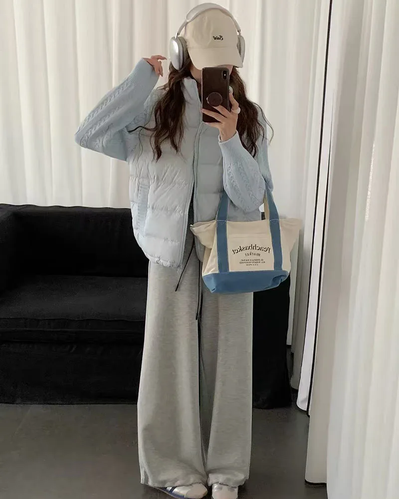 Winter Patchwork Parkas for Women Thick Warm Knitted Sleeve Splicing Puffy Coats Korean Loose Preppy Zipper Down Outwear New