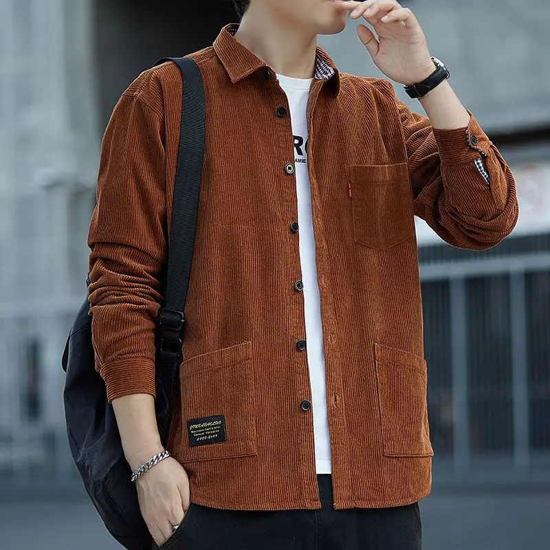 

Fashion Lapel Button Spliced Pockets Corduroy Casual Shirts Men Clothing 2024 Autumn New Solid Color Korean Tops All-match Shirt