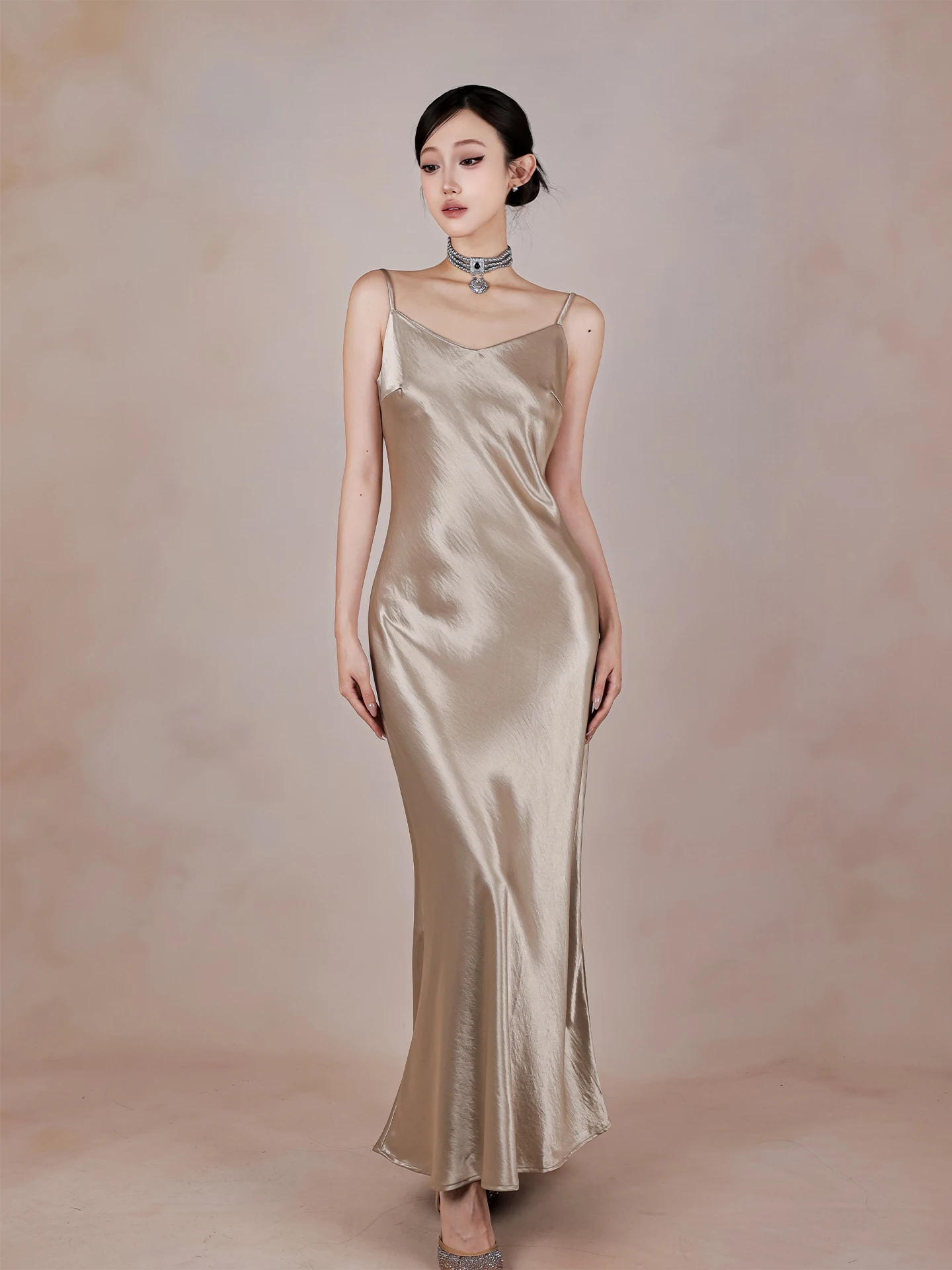 Ele Slaed Satin V-ne Belted Dr BYLU Luxury Sle Gown Simple Commute High Waist Long Ball Gown ForSpring Summer Au...
