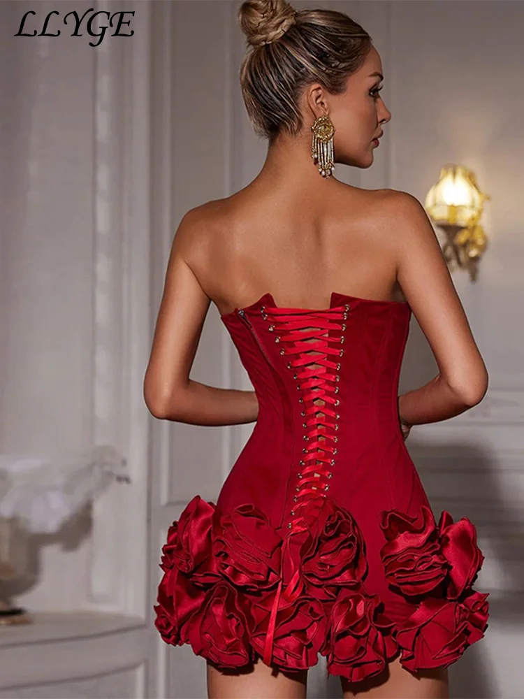 Luxuriöses 3D-Blumen-Rot, sexy Minikleid für Damen, Fischgräten-Verband, verstellbares Röhrenoberteil, Blumenkleider, 2025, Party, Club, ärmelloses Kleid