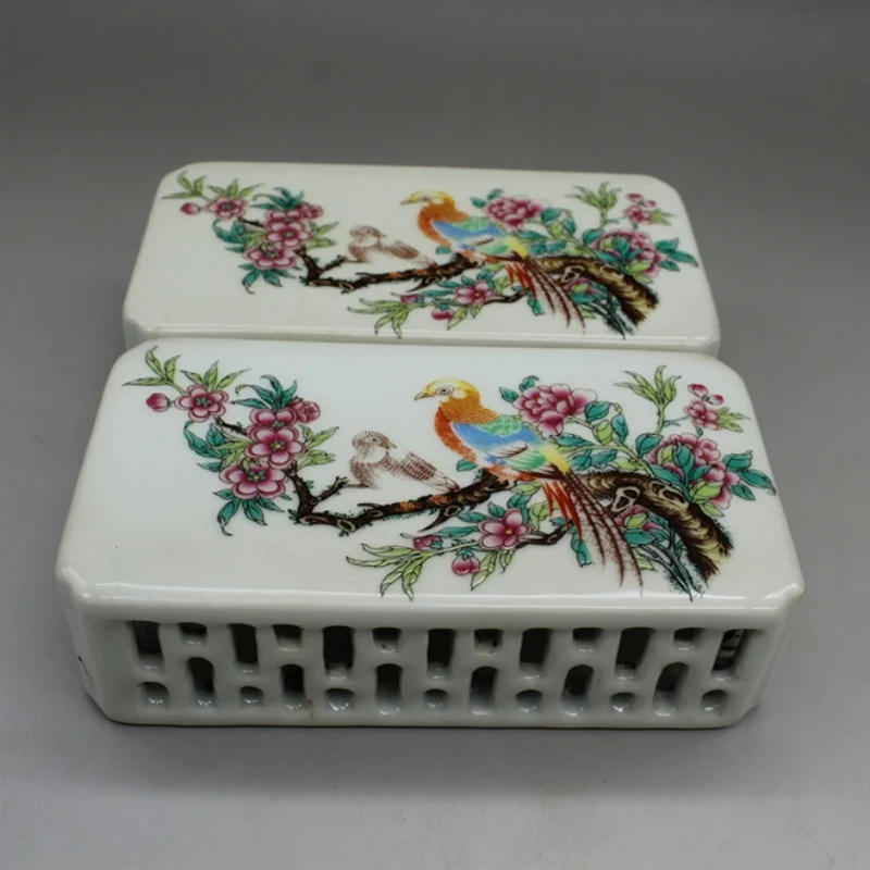 

Chinese collection rose porcelain flower and bird paperweights (a pair) antique porcelain ornaments