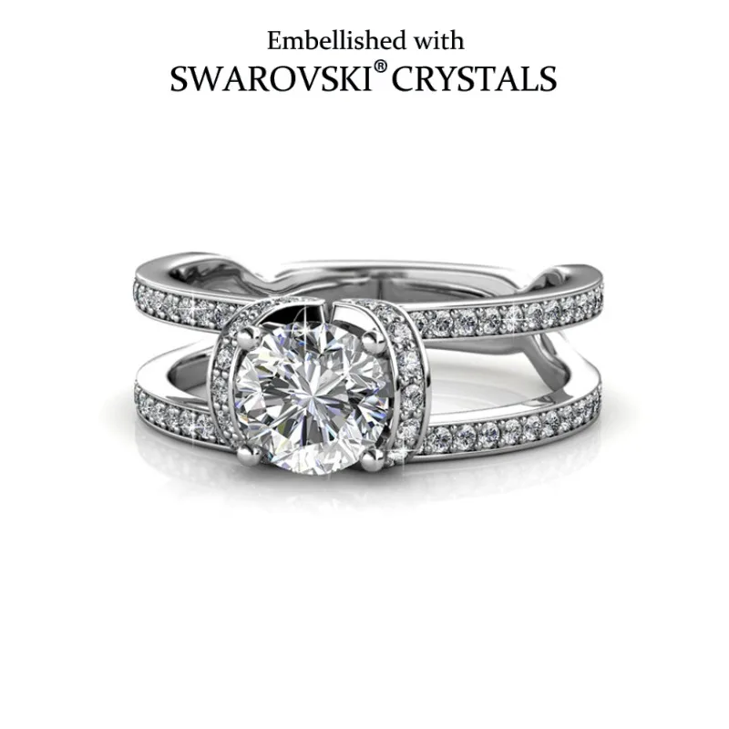 

Trendy Double Line Design Crystal Ring Embellished with Swarovski Crystals Copper Silver Stylish Jewelry Party Accessories
