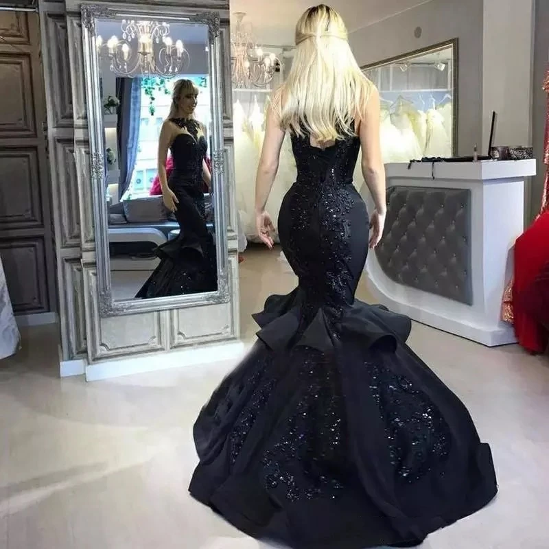 Vestido de noche Formal de sirena brillante con apliques negros, vestido elegante con cuello Halter de encaje, tren de barrido, lentejuelas, Abendkleider 2022, 2023