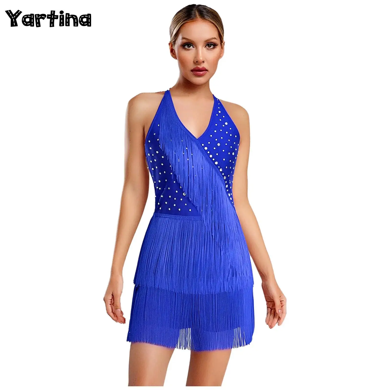 Damen-Overall für lateinamerikanischen Tango, Salsa, Jazz-Tanz, Performance-Kostüm, Neckholder, funkelnde Strasssteine, Fransen, Tanz-Trikot-Body