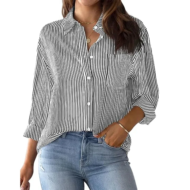 Women's Blouse Stripe Shirt Patch Pocket Top 2024 Autumn Loose Relaxed Office Lady Long Sleeve Shirt Shirts & Blouses Camisas