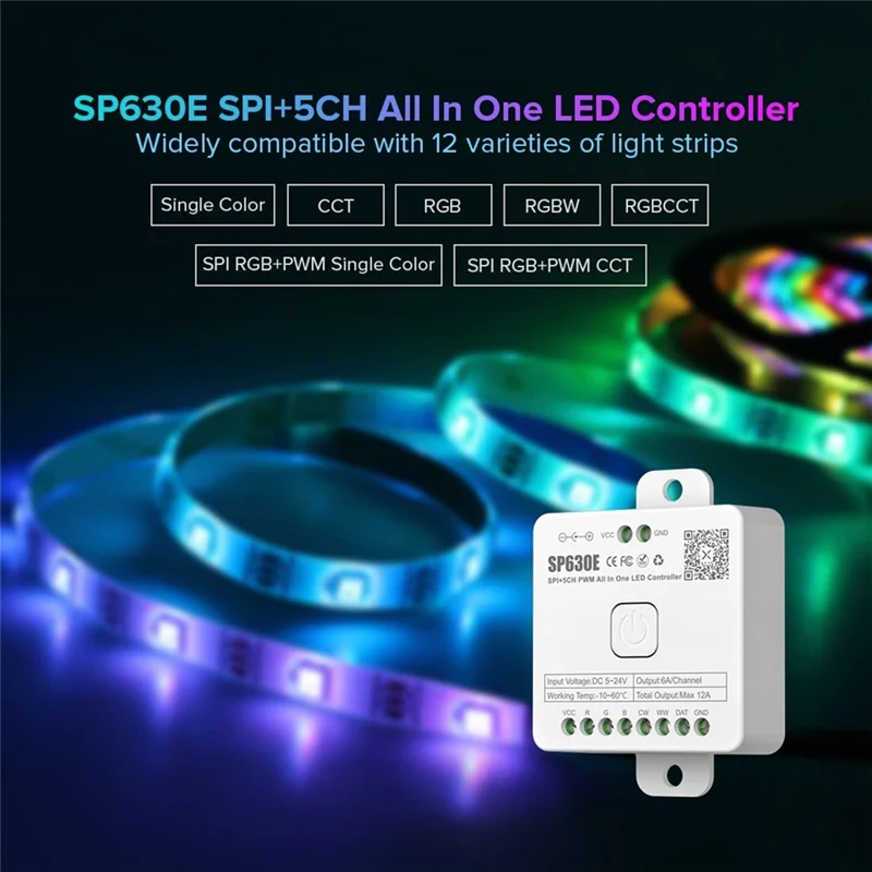 ABZV-SP630E Controlador LED Bluetooh compatible con PWM monocromático CCT RGB RGBW RGBCCT o SPI TTL IC Chip LED tira WS2811 WS2812B