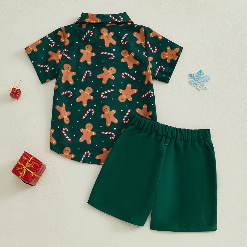 Weihnachtsset für kleine Jungen, Weihnachtsmann, Knopfleiste, kurze Ärmel, Reverskragen, Tops, Shorts, Outfit – Detail 2