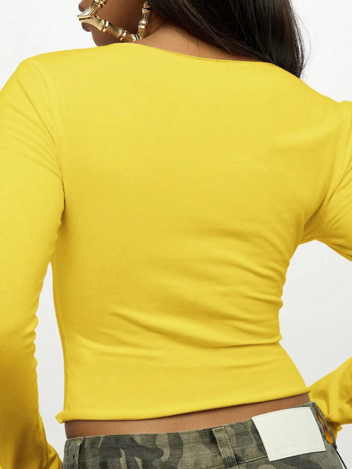 Women Long Sleeve Crop Top Graphic Print V Neck Fitted Cotton Casual Tee