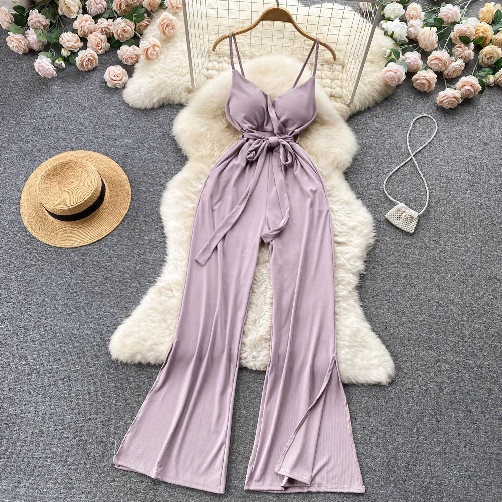 Fashionable Commuter Style Solid Color Suspender Jumpsuit Women's Summer New Lace up Waist Slimming Wide Leg Casual Rompers