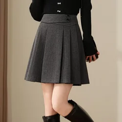 Deeptown Preppy Style Pleated Wool Skirt Women Elegant Grey Sweet Mini Skirts Vintage Solid A-line Casual Autumn Short Skirts