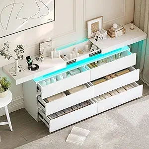 Cómoda moderna de 6 cajones, gabinete de almacenamiento blanco con luces LED, cómoda ancha, organizador para dormitorio, sala de estar