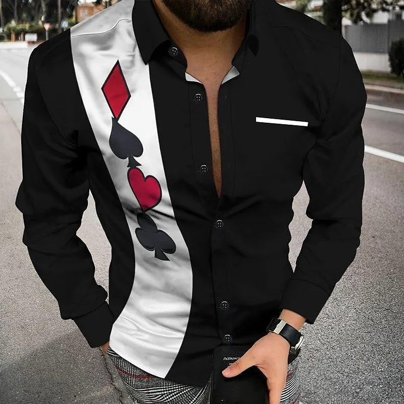 

3D Print Creative Design Poker Graphic Men's Shirt Fashion Outdoor Casual Button Lapel Long Sleeve Tops Loose Breathable Clothes