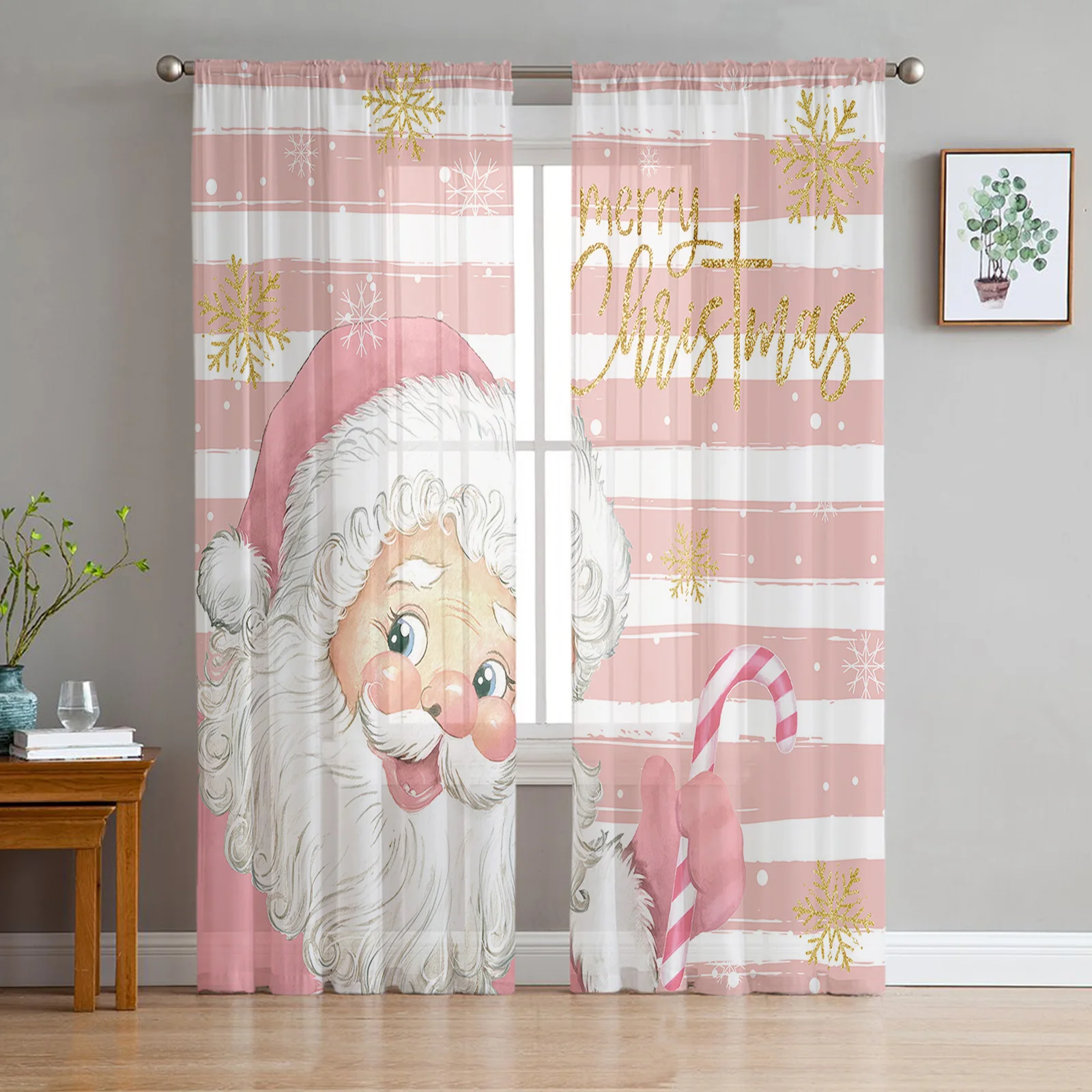 

Christmas Santa Claus Snowflakes Pink Stripes Sheer Curtains Living Room Decoration Window Curtains Kitchen Tulle Voile Curtains