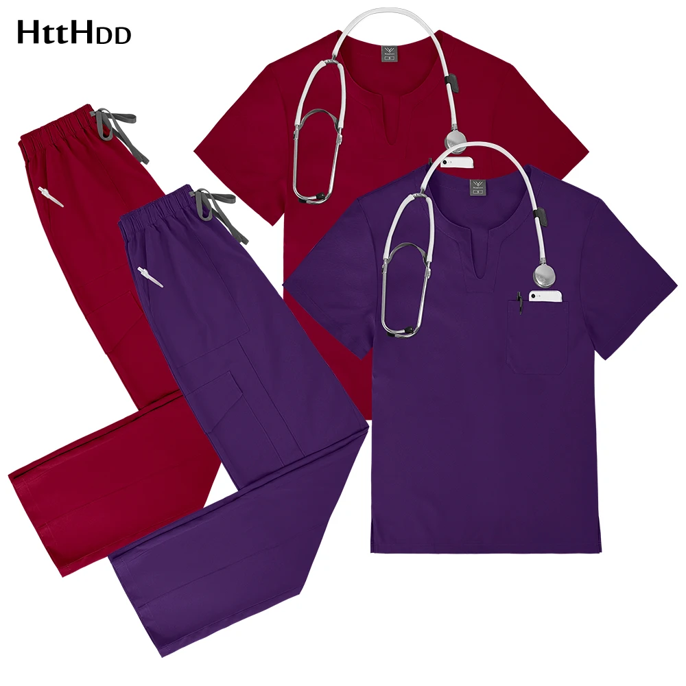 زي المستشفى الطبية ممرضة موحدة مرنة تنفس قصيرة الأكمام أعلى السراويل المستقيمة الرعاية الصحية الصيدلة ملابس العمل جديد
