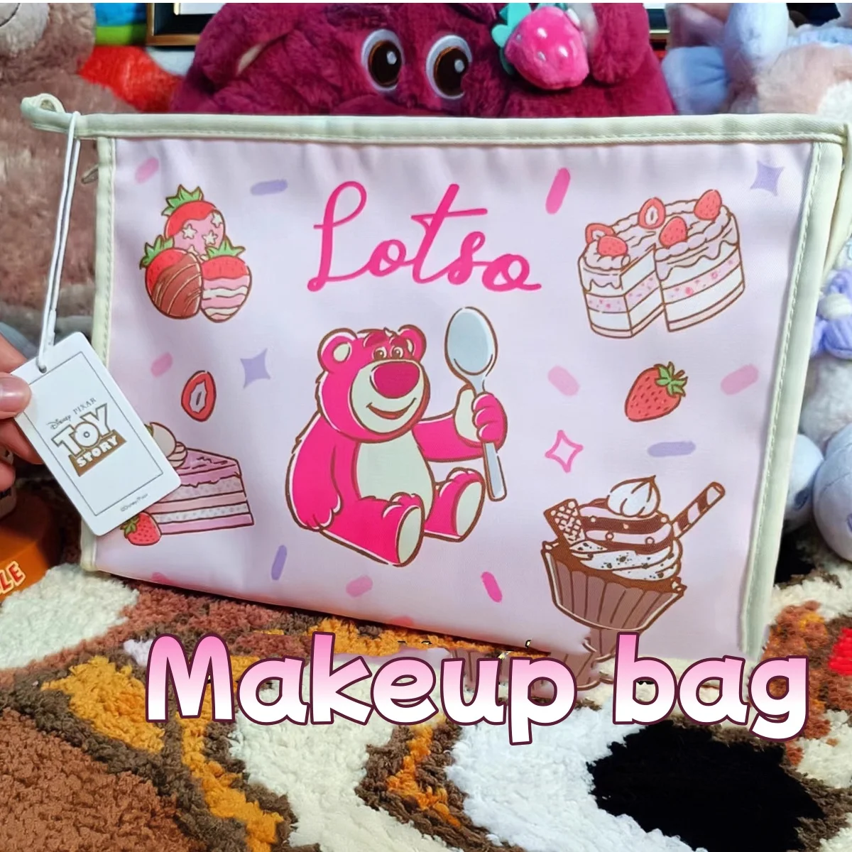 

Disney cartoon strawberry bear three-eyed makeup bag large capacity storage portable travel cute student toiletries women