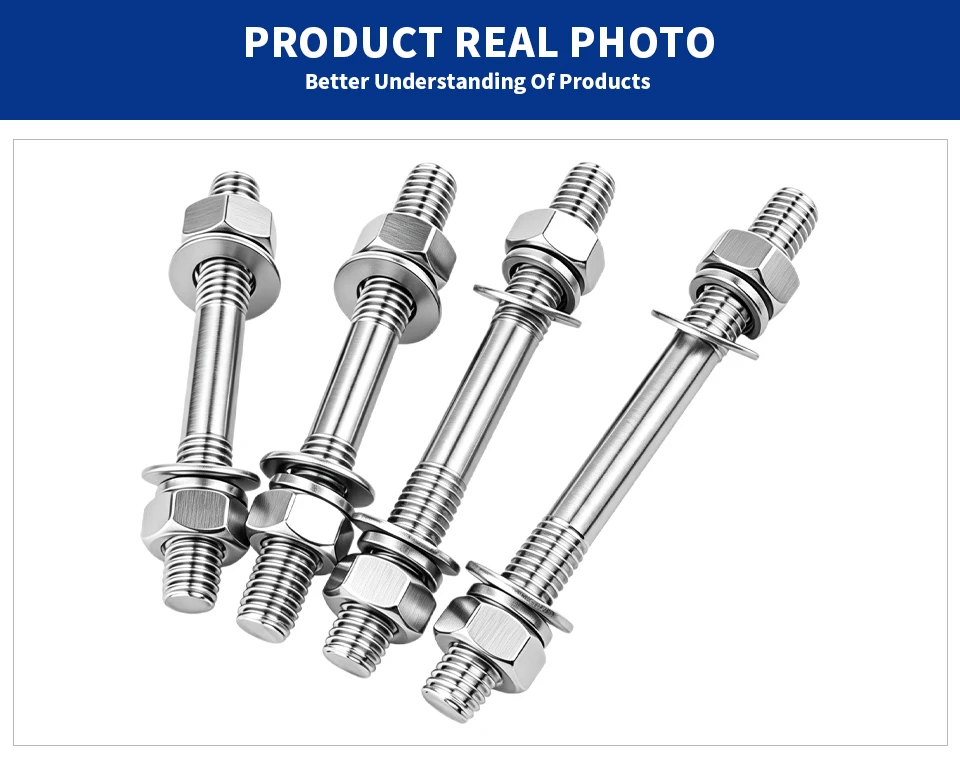 304 Edelstahl Doppelendbolzen-Set M6 M8 M10 M12 M14 M16 mit Muttern, Flachfederscheiben, Hardware-Kit GB901 – Detail 9