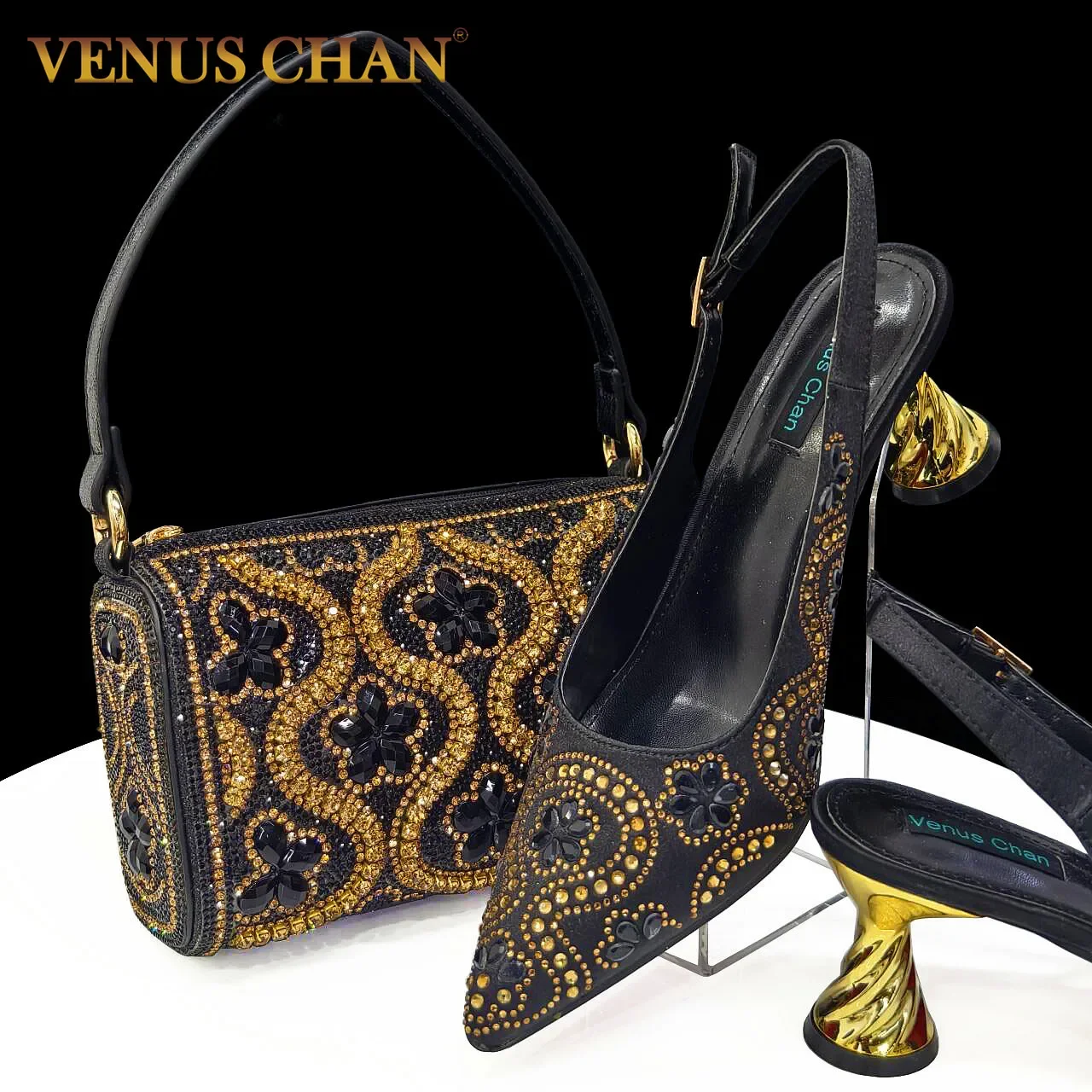 

Venus Chan 2024 New Black Color Party Shoe and Bag Set for Women Italy Pointed-Toe Rhinestone Pumps Shoes for Women High Heels