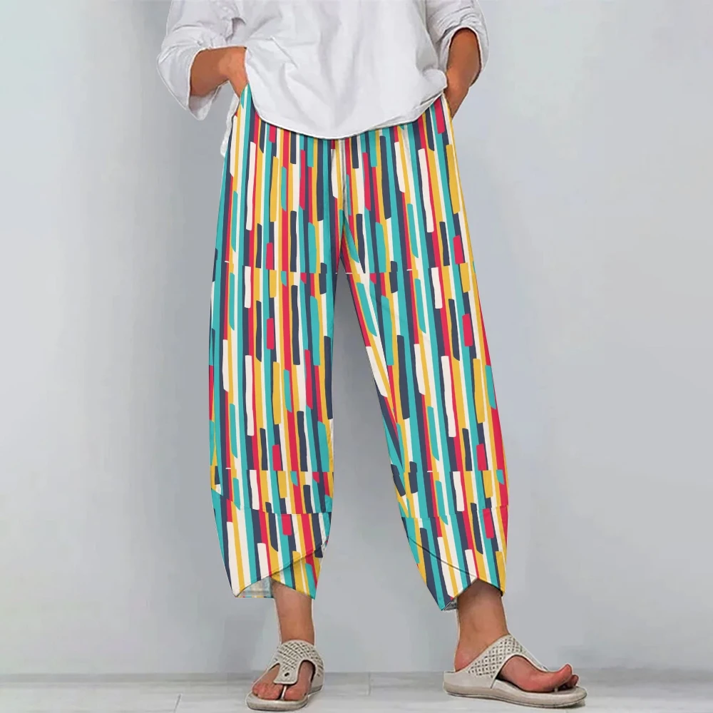 Color Striped Printed Straight Pants Casual Vibrant Color Block Abstract Print Overalls Rustic Chic Look Bottom