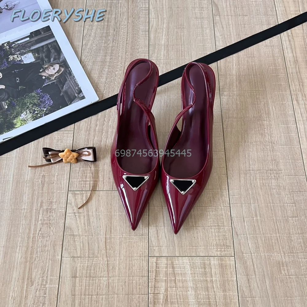 Sexy Slingback Women Sandals Patent Leather Metal Decoration Thin Heel Heels Solid Black Red 2024 Autumn Shallow Lady Office