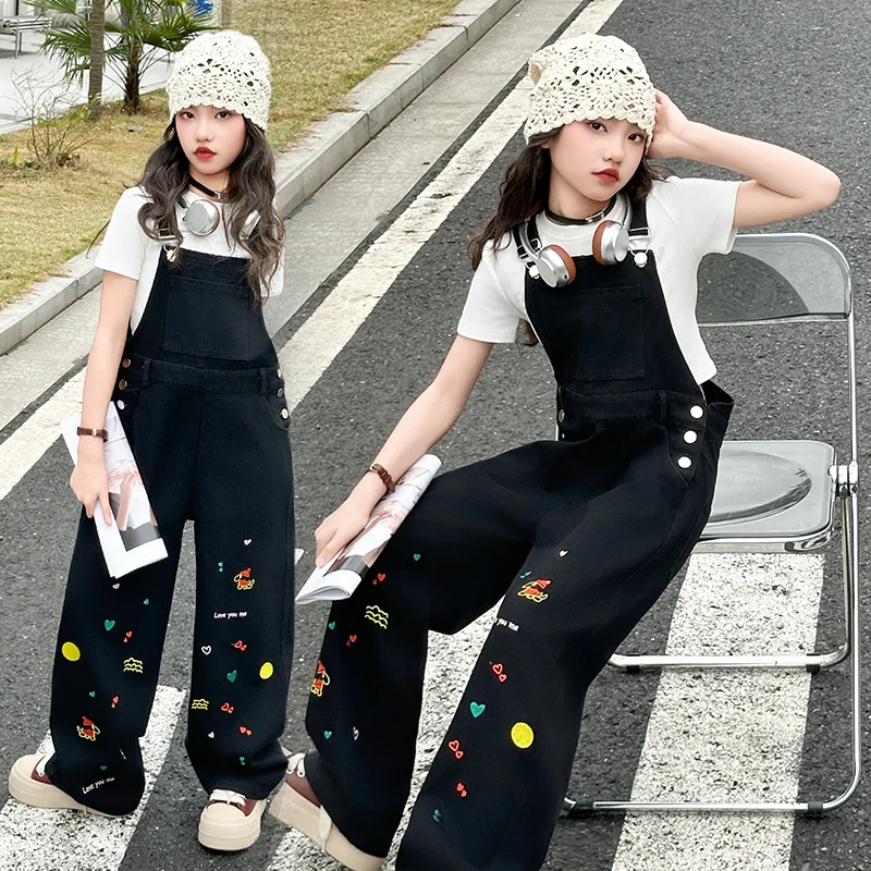 

summer teen girls cartoon dog denim overalls junior kid white cotton top t-shirt embroidery Wide leg Jumpsuit 4-14 child outfits