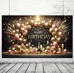 Happy Birthday Black and Gold Balloon Photography Backdrop Wall Suitable for Family Ball Birthday Party Decoration Banner 1pc