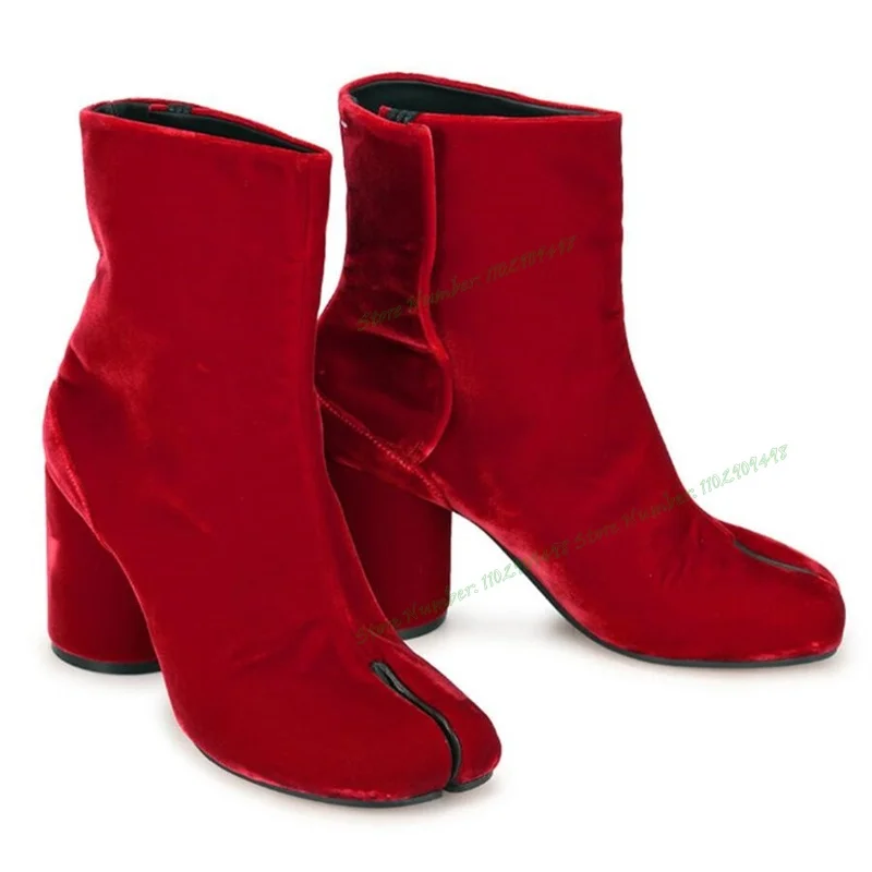 Red Suede Tabi Ankle Boots Split Toe Shoes for Women Patent Leather Chunky High Heel Sexy Lady Shoes 2023 Zapatos Para Mujere