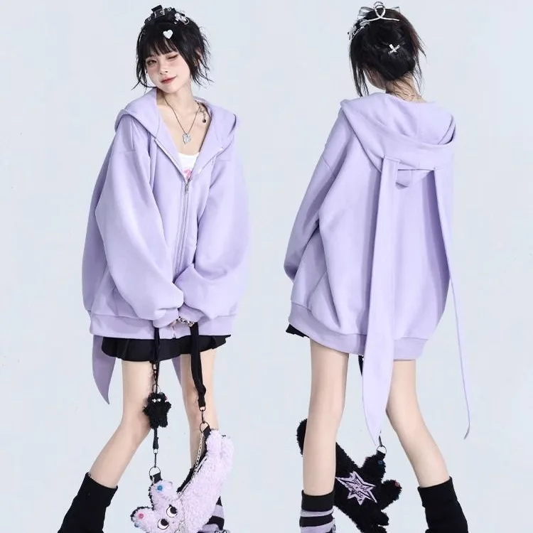 Mit kapuze Hoodies Zipper Strickjacke Frauen Sweatshirts Lose Fit Gespleißt Feste Beiläufige Sport Herbst Oberbekleidung Taschen Patchwork