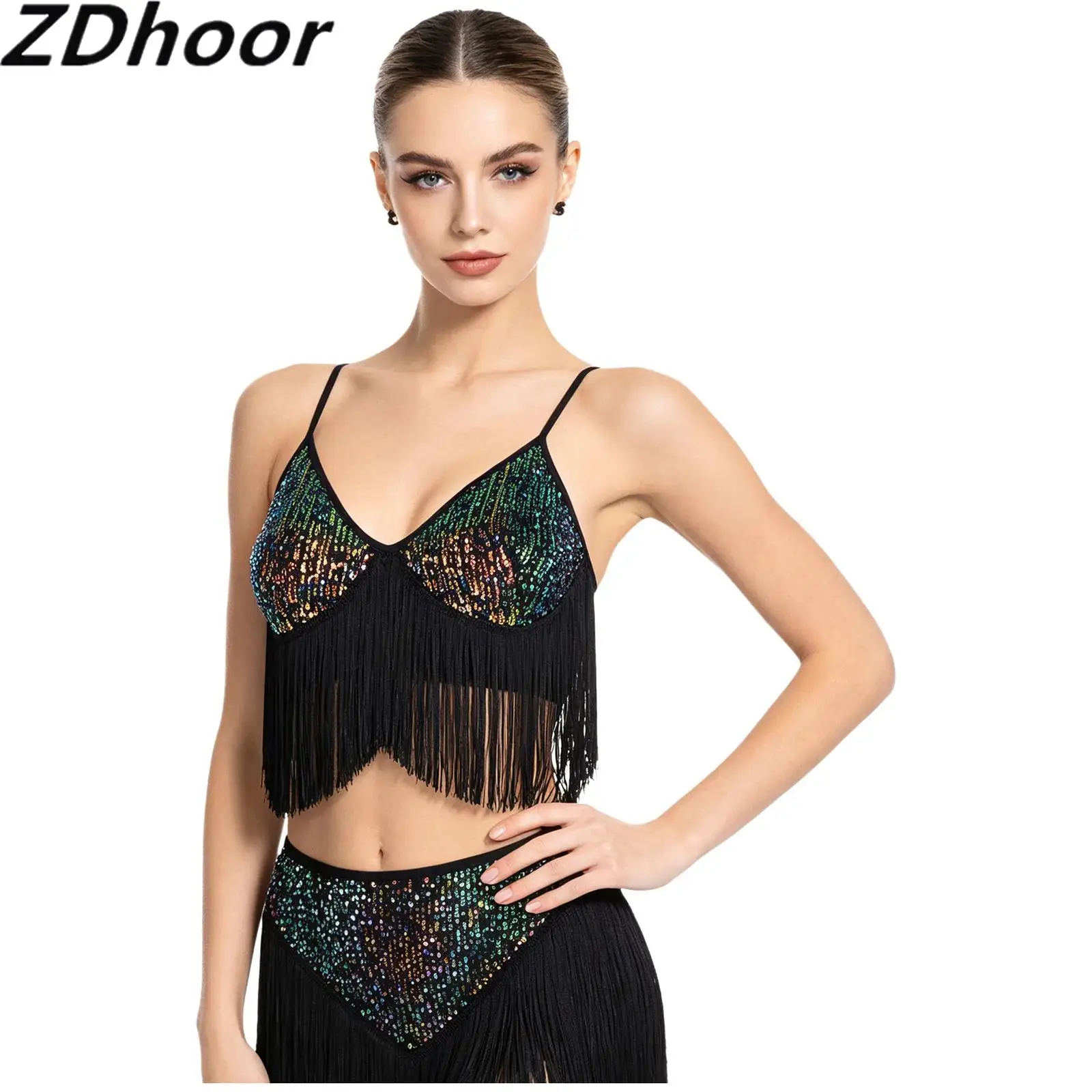 Women Latin Dance Glitter Sequin Crop Top V Neck Adjustable Straps Tassel Bottom Trim Padded Bra Fringed Top for Belly Cha-cha