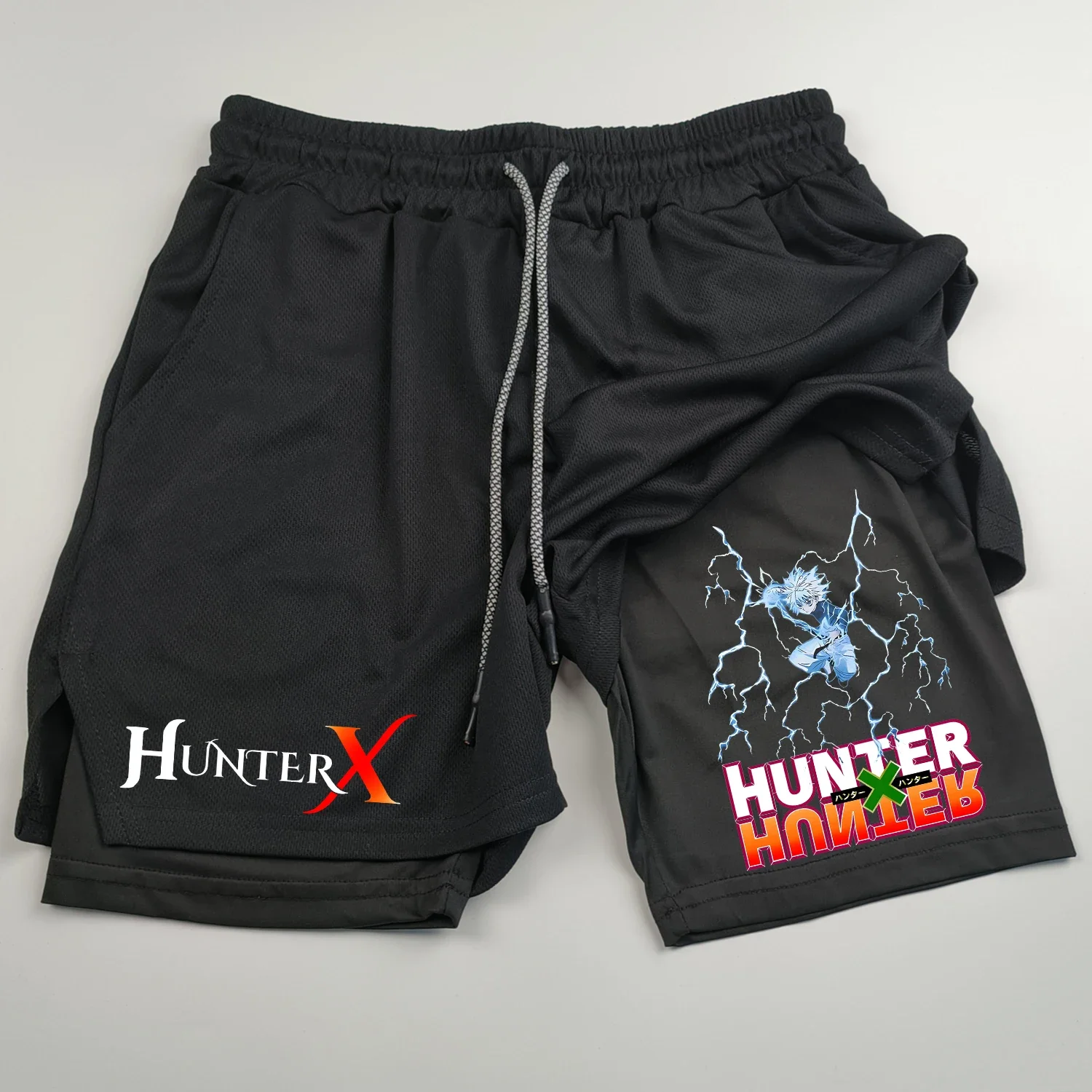 Męskie spodenki sportowe Anime Hunter X Hunter 2 w 1 Dwuwarstwowe spodenki Szybkoschnące Oddychające spodenki do biegania Fitness