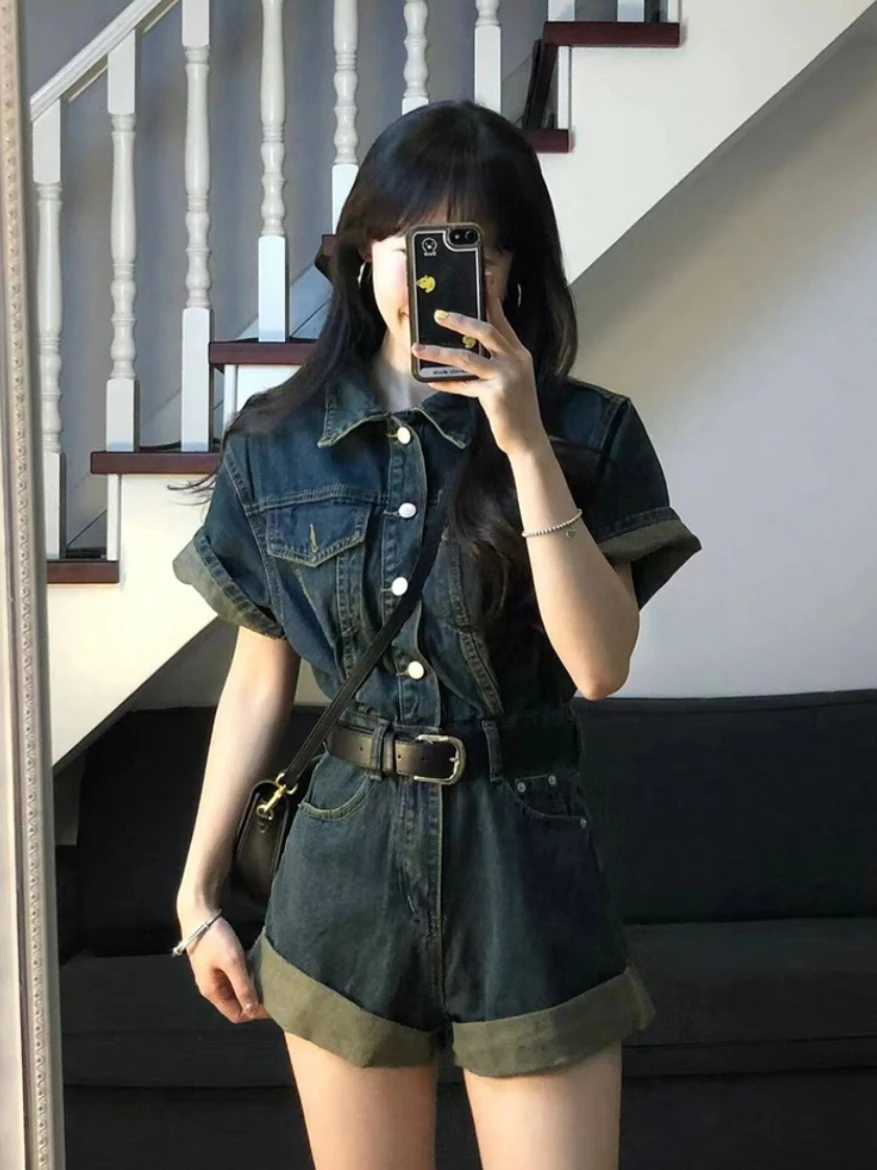 American Style Denim Jumpsuit For Women 2024 Summer Niche Design Slim Waist Wide Leg Casual Shorts