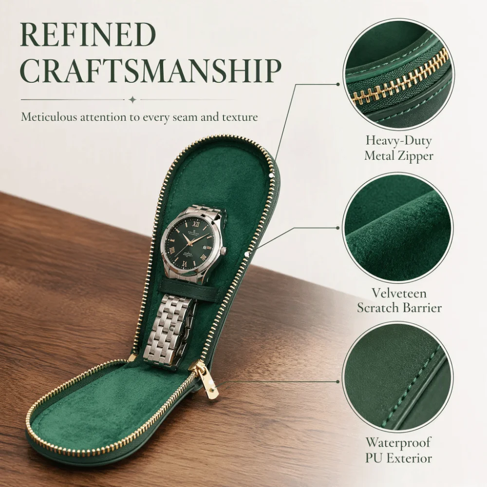 Vintage Rustic Brown Watch Box PU 1-Slot Luxury Pouch with Zipper Durable Dust Proof Watch Case Travel Storage