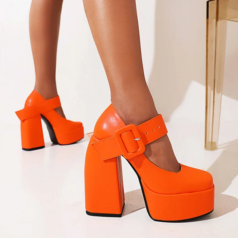 spring and autumn New styles fashion Round head Ultrahigh heel Women\'s Shoes orange Shallow mouth Buckle Square heel Women Shoes