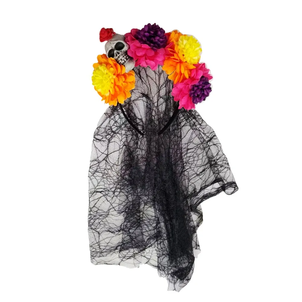 

Artificial Flower Halloween Flower Headband Black Veil Lace Veil Ghost Festival Headpiece Floral Lightweight