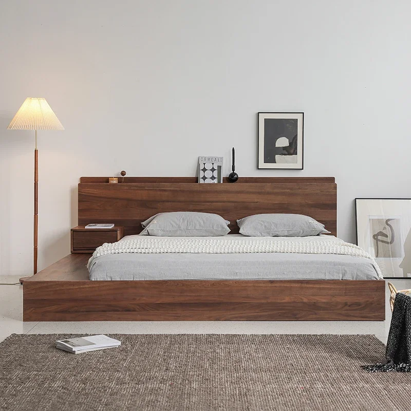 Solid wood double bed Japanese style tatami bed, floor to ceiling low bed, simple and modern black walnut wood